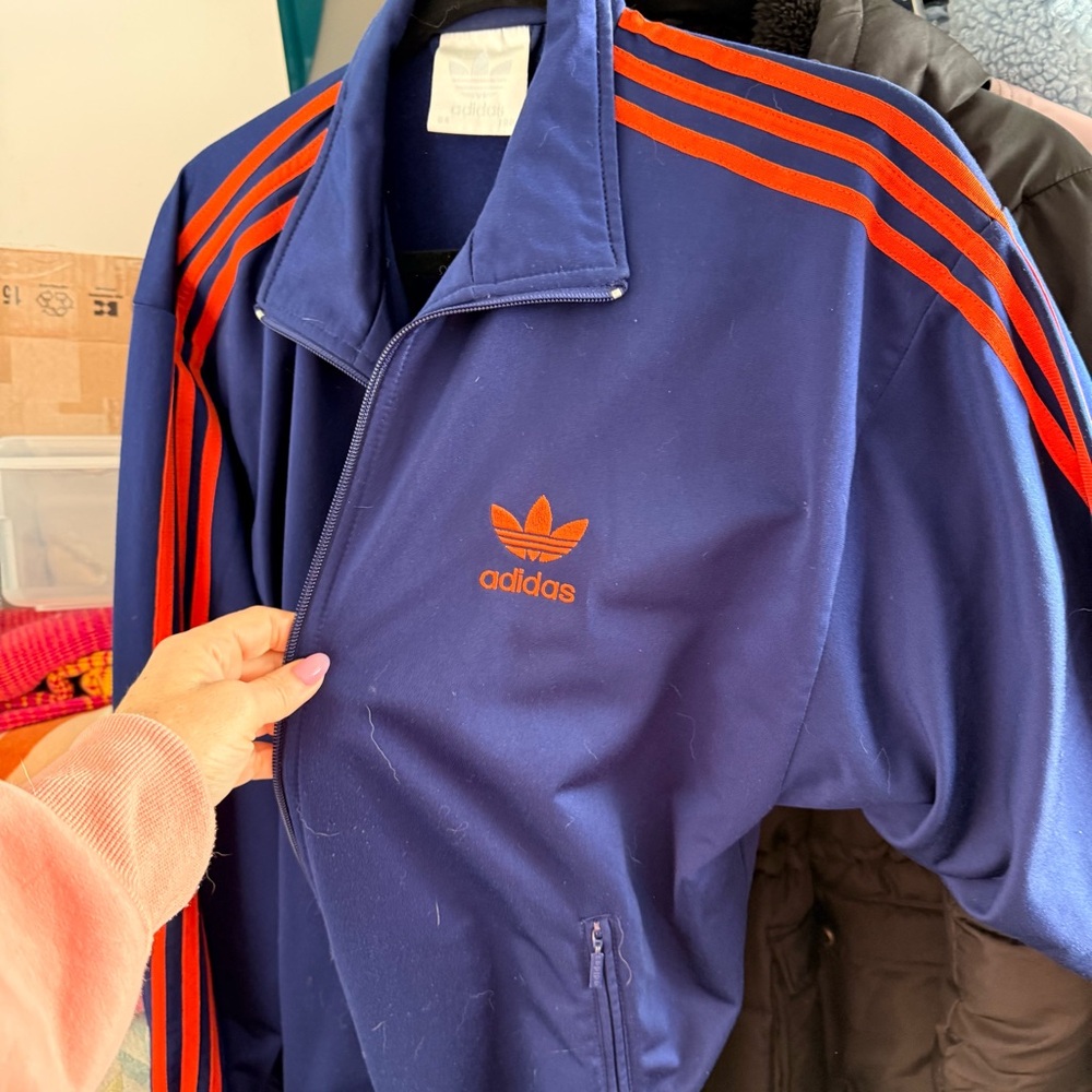 adidas Navy Blue Track Bomber Jacket with Orange Stripes